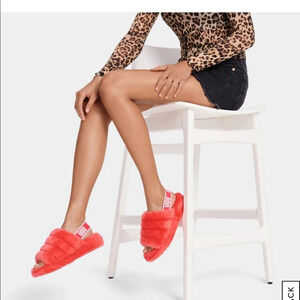 Ugg Fluff Yeah Slides Slippers Logo Orange Coral Fluffy Fur Sandals Size 8